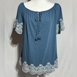 Adrianna Papell Blue and White Flutter Sleeve Blouse Size Large